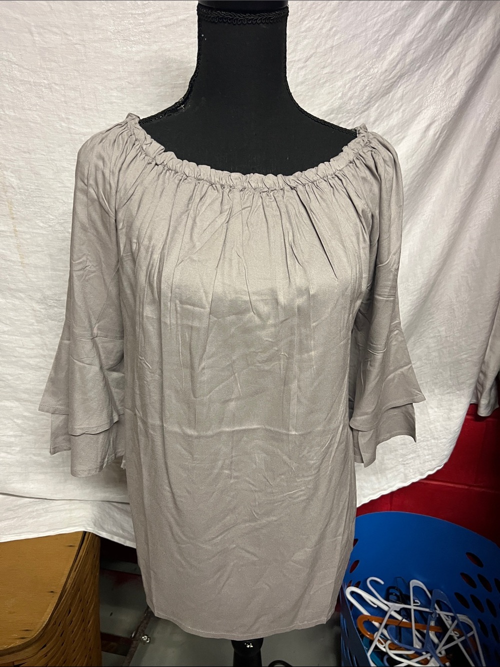 Light Gray Off-Shoulder Ruffle Sleeve Blouse